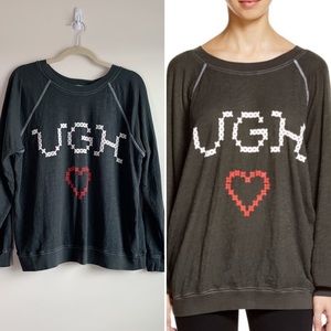 WILDFOX "UGH" Sweatshirt Faux Knit Stitching Graphic Gray Olive Green Size XS